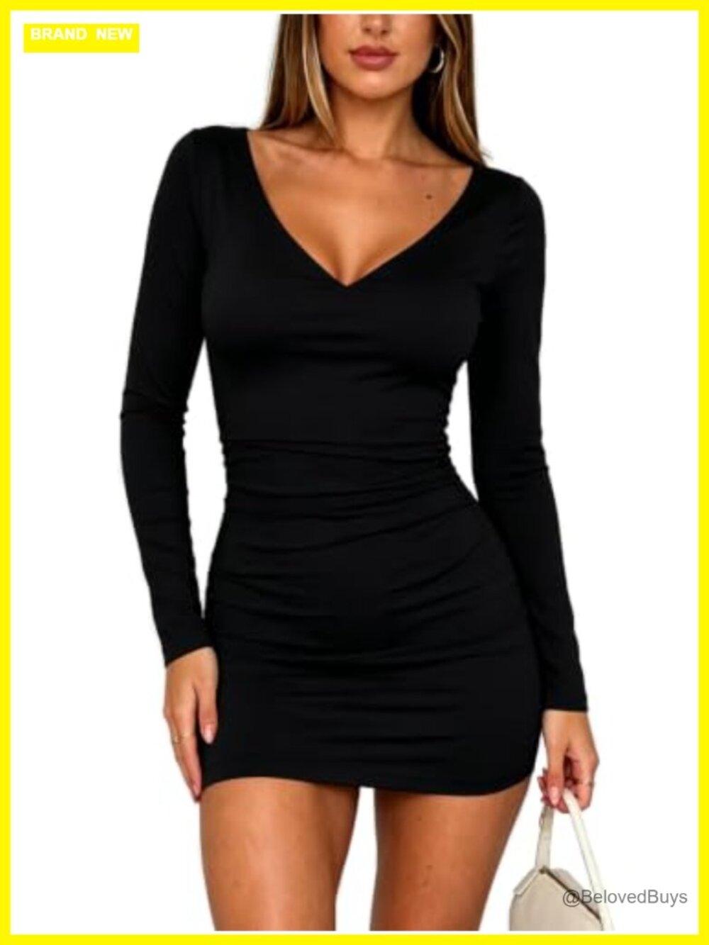 Womens Long Sleeve V Neck Bodycon Mini Dress Ruched Party Club